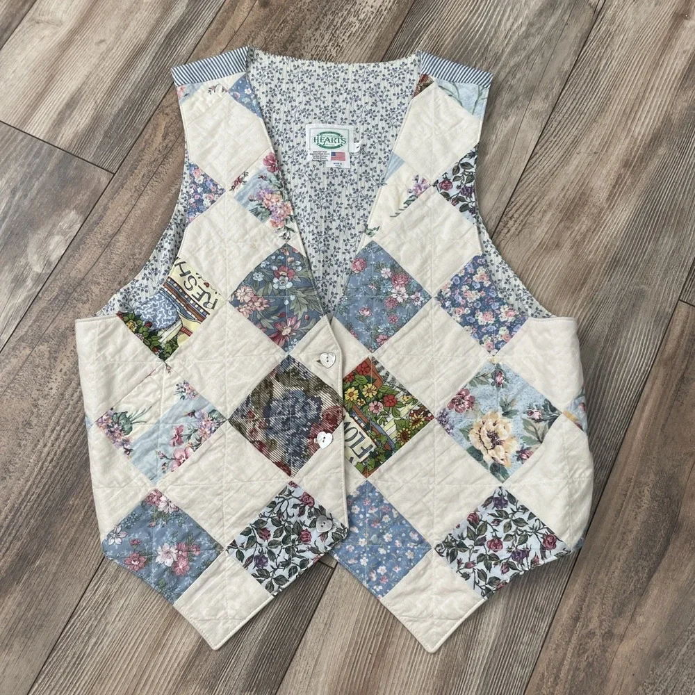 Patchwork Quilted Floral Mid-Length Vest with Pockets for‎ Women Size L